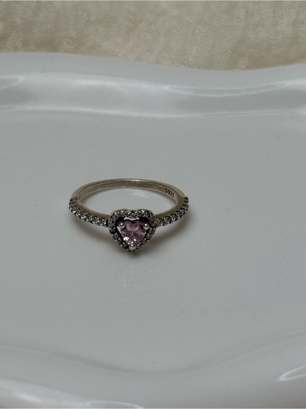 925 Sterling Silver Heart Ring with Pink Center Stone, Size 6